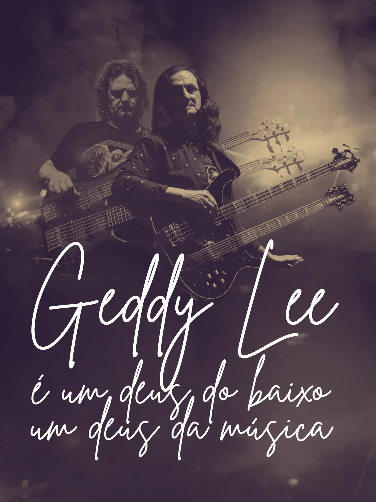 Felipe Andreoli e Geddy Lee com baixos de dois braços
